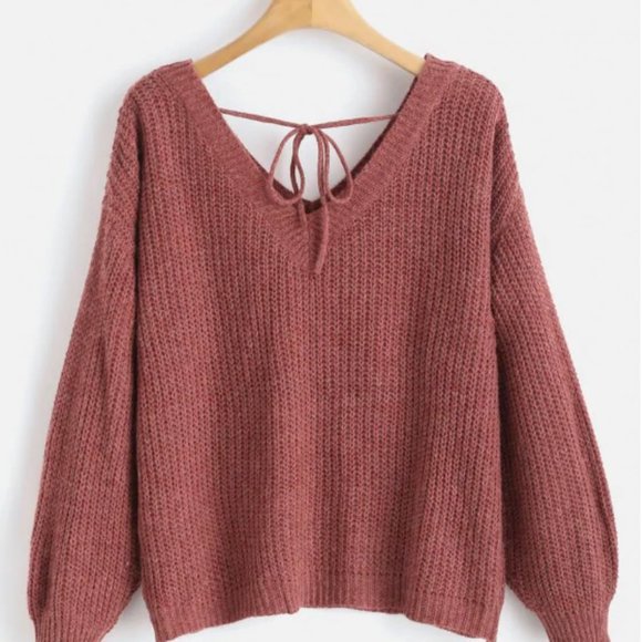 Drop Shoulder V-Neck Oversized Sweater (Plum) - Picture 2 of 4